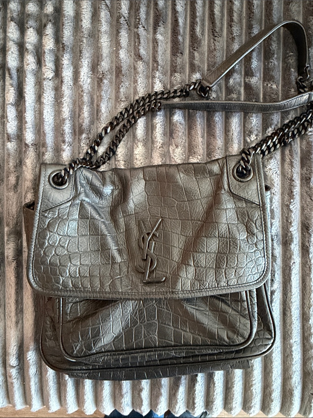 Saint Laurent Metallic Gray Croc-Embossed Leather Shoulder Bag with Chain Strap